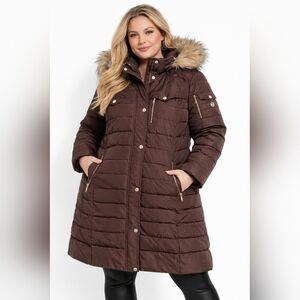 Michael Kors Long Puffer Coat Faux Fur Hood Brown Plus Size 3X